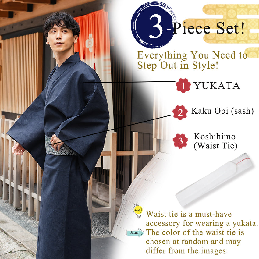 Men's Yukata Cotton & Linen Coordinate Set For Beginners : Solid Navy Yukata