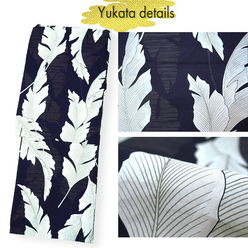 Women's Lightweight Cotton Yukata ＆Obi -2piece Coordinate set, Casual Summer Kimono  -Navy Base with large banana leaves (bashō) for a bold and tropical-inspired look.