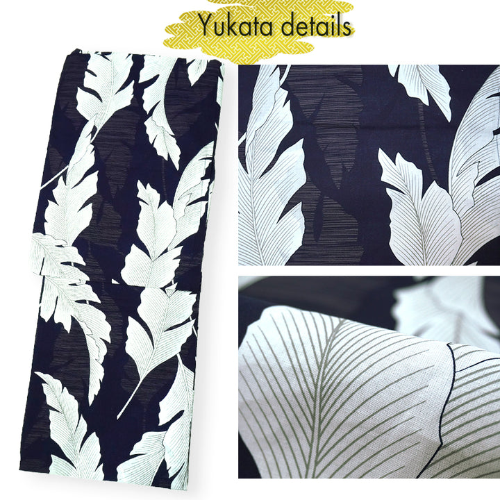 Women's Lightweight Cotton Yukata ＆Obi -2piece Coordinate set, Casual Summer Kimono  -Navy Base with large banana leaves (bashō) for a bold and tropical-inspired look.