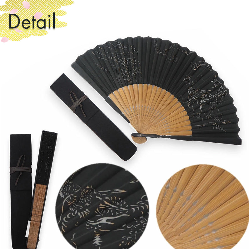 Folding Hand Fan for Men ,Surface Silk, Bamboo Frame,  Black base, Waves & Dragon Design