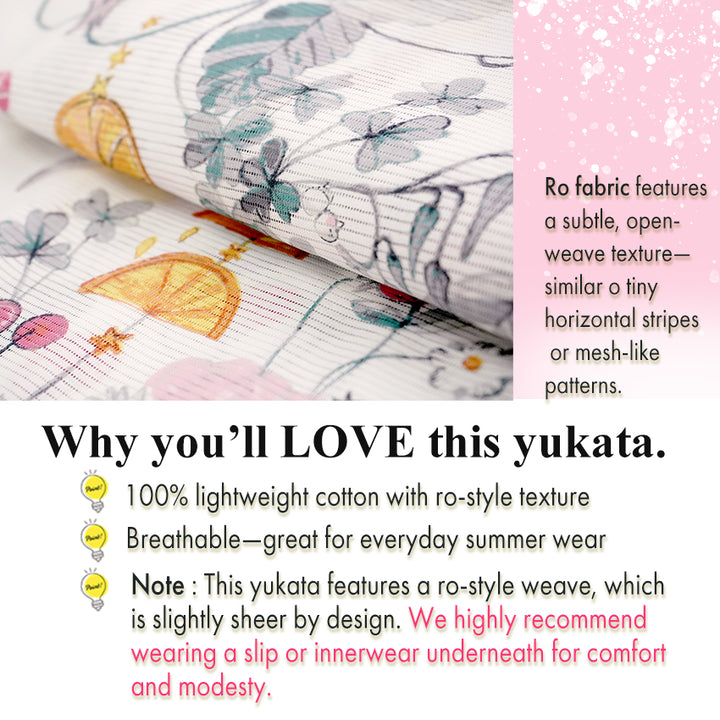 Lightweight Cotton Yukata for Women, red, pink, gray base, vegetables, cats, birds pattern– Inspired by Kaneko Misuzu’s Poetry, Summer Japanese Kimono Robe