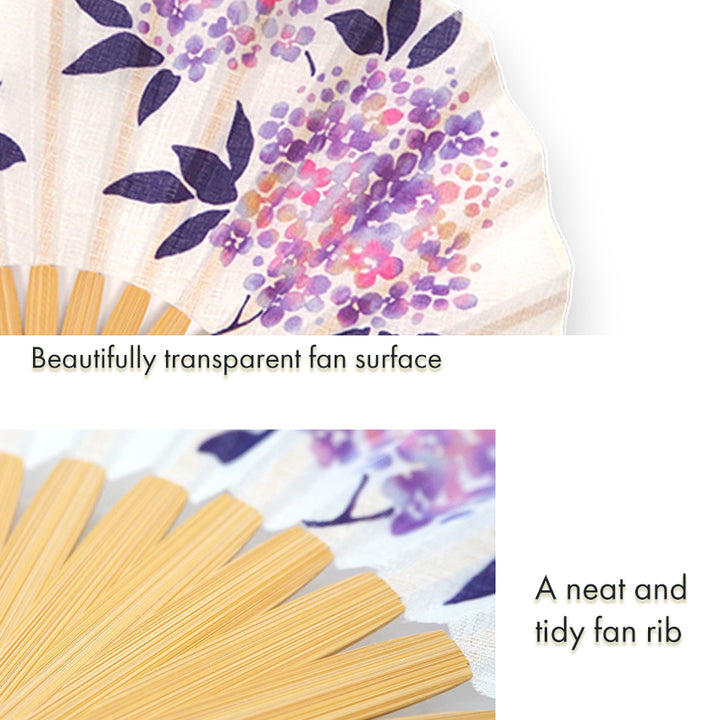 Folding Hand Fan for Lady's ,Surface Cotton, Bamboo Frame, White (off-white with gradations of wisteria purple, violet, and pink hydrangeas)