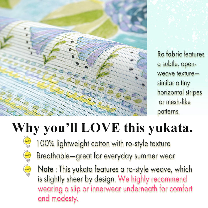 Lightweight Cotton Yukata for Women, grayish blue base, roses Flowers pattern– Inspired by Kaneko Misuzu’s Poetry, Summer Japanese Kimono Robe