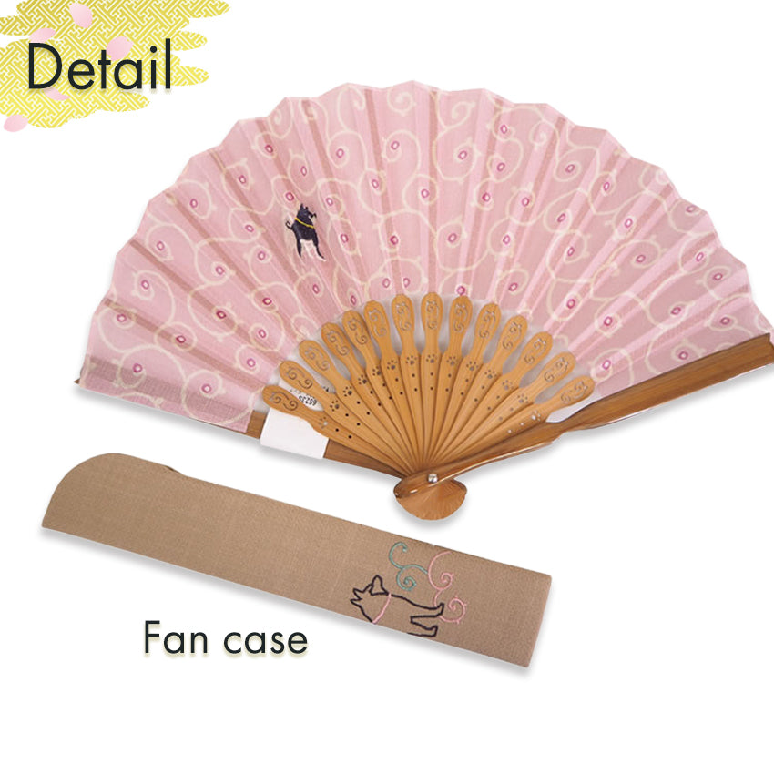 Folding Hand Fan for Lady's ,Surface Cotton, Bamboo Frame, Pink base with Circles, Classic Arabesque Patterns and a Cute Dog Motif
