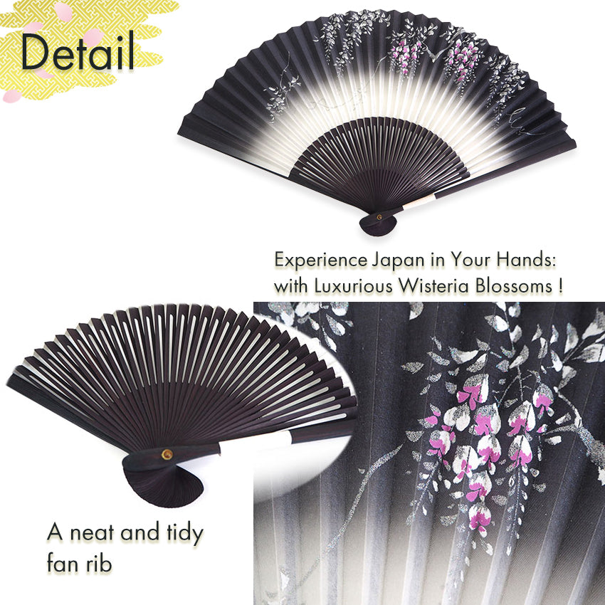 Folding Hand Fan for Lady's ,Surface Paper, Bamboo Frame, Nearly Black Navy base with Flower, Wisteria