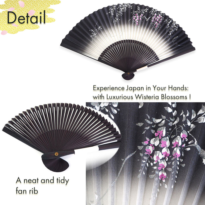 Folding Hand Fan for Lady's ,Surface Paper, Bamboo Frame, Nearly Black Navy base with Flower, Wisteria