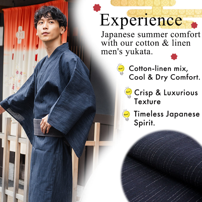 Men's Yukata Cotton & Linen : Navy with Rain-Like Stripes Yukata