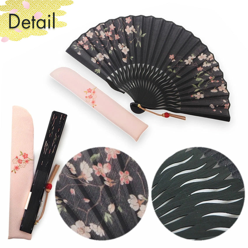 Folding Hand Fan for Lady's ,Surface Cotton, Bamboo Frame, Black (black background with pink-blushed cherry blossoms, slightly sheer)