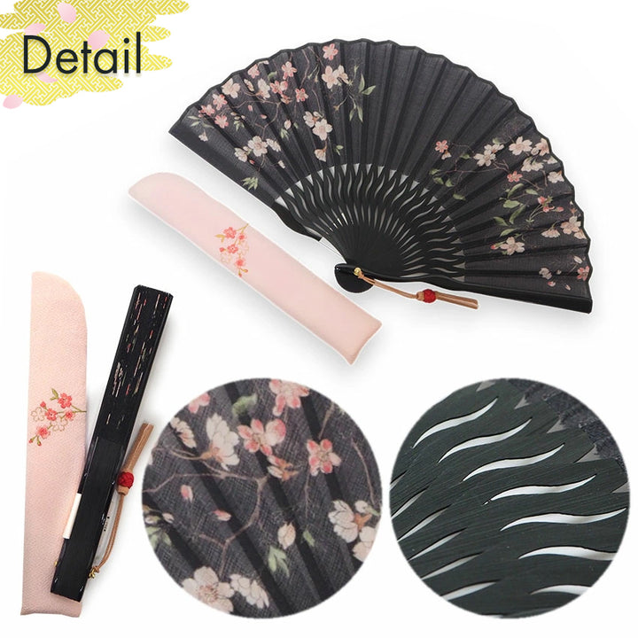 Folding Hand Fan for Lady's ,Surface Cotton, Bamboo Frame, Black (black background with pink-blushed cherry blossoms, slightly sheer)