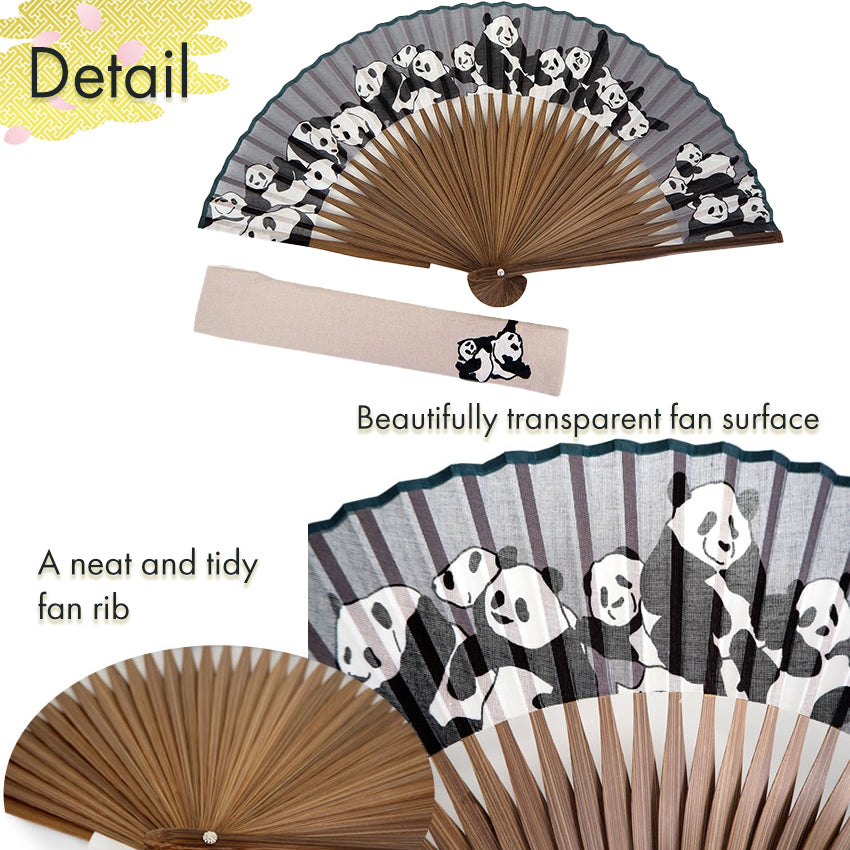 Folding Hand Fan for Lady's ,Surface Cotton, Bamboo Frame, Black base cute panda Pattern