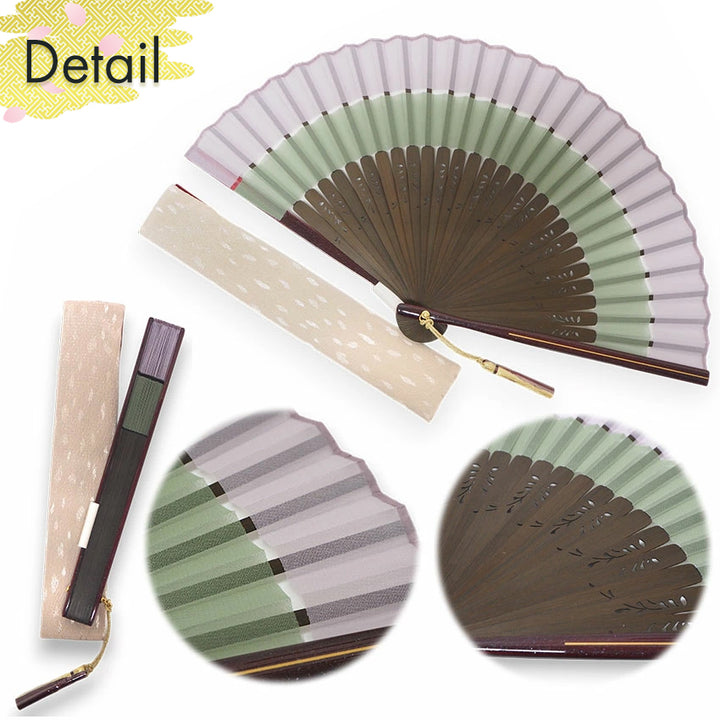 Folding Hand Fan for Lady's ,Surface Polyester, Bamboo Frame, Fuji (grayish lavender purple & muted willow green)