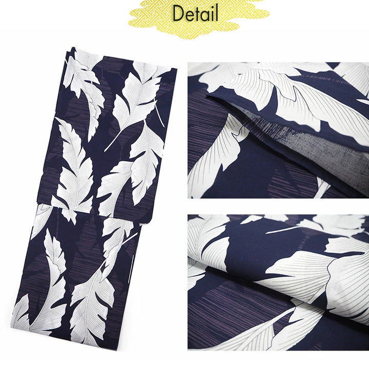 Women's Cotton Yukata, Casual Summer Kimono -Navy Base withlarge banana leaves (bashō) for a bold and tropical-inspired look.