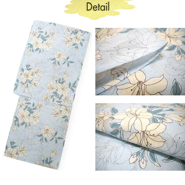 Women's Cotton Yukata, Casual Summer Kimono -Light Blue Base with Lily Pattern