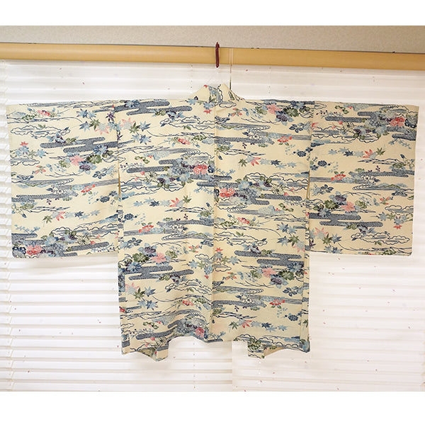 Vintage Haori Kimono Jacket Silk, Ivory Beige base, Clouds, Flowing Water, Maple Leaves & Mist Patterns