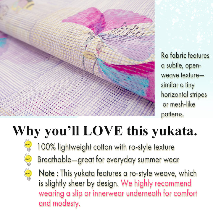 Lightweight Cotton Yukata for Women, Purple base, azalea flower pattern – Inspired by Kaneko Misuzu’s Poetry, Summer Japanese Kimono Robe