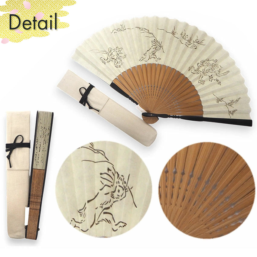 Folding Hand Fan for Men ,Surface Silk, Bamboo Frame,  light beig base,  “Chōjū-giga” animal caricatures  design