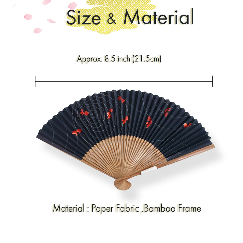 Folding Hand Fan for Lady's, Paper Fabric ,Bamboo Frame, Black base, goldfish and shimmering ripples design