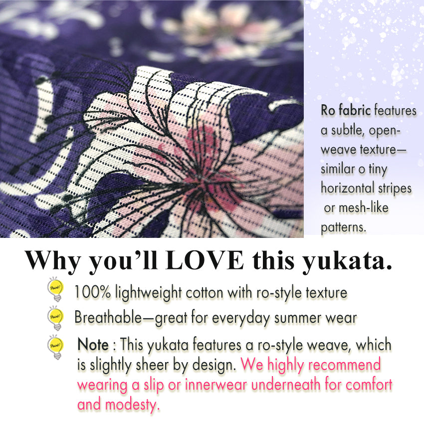 Lightweight Cotton Yukata for Women, Purple base, Spider lilies Flowers pattern– Inspired by Kaneko Misuzu’s Poetry, Summer Japanese Kimono Robe