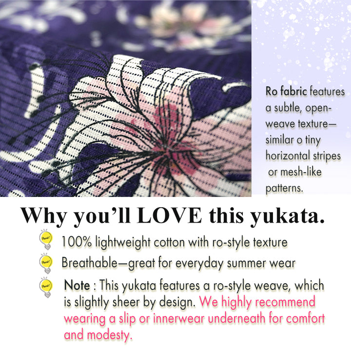 Lightweight Cotton Yukata for Women, Purple base, Spider lilies Flowers pattern– Inspired by Kaneko Misuzu’s Poetry, Summer Japanese Kimono Robe