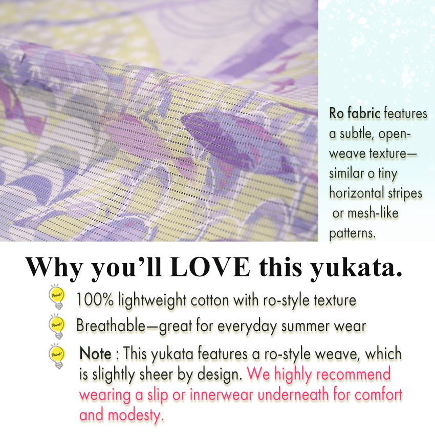Lightweight Cotton Yukata for Women, Lavender and Light yellow tones base, Waves, shells and fish pattern – Inspired by Kaneko Misuzu’s Poetry, Summer Japanese Kimono Robe