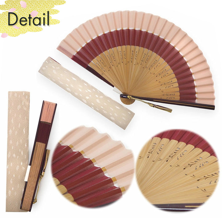 Folding Hand Fan for Lady's ,Surface Polyester, Bamboo Frame, Kōbai (pale pink & deep reddish-black)base