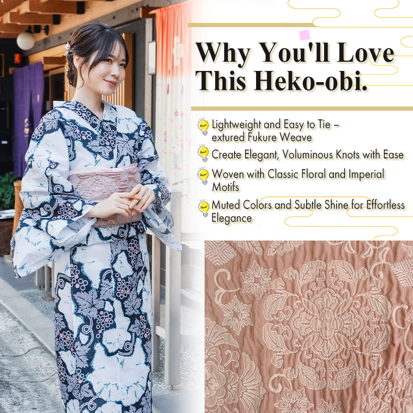 Soft Heko Obi - Lightweight Japanese Kimono Belt for Yukata or Casual Wear Pink Traditional Motif