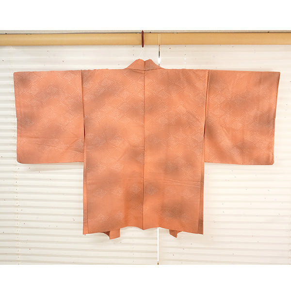 Vintage Haori Kimono Jacket Silk, Orange base, Diamond Grid (Hishikōshi)