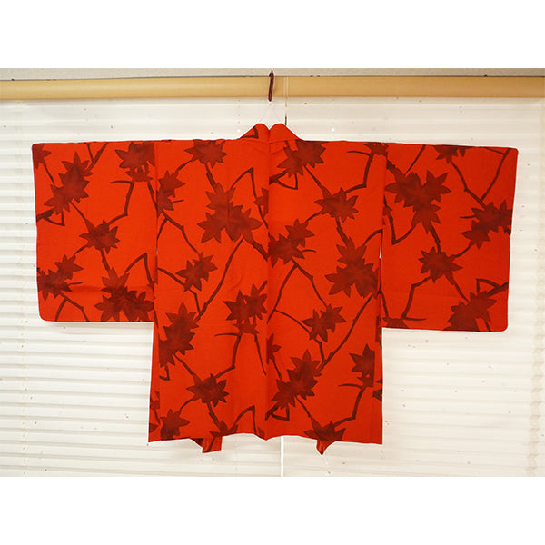 Vintage Haori Kimono Jacket Silk,Vivid Red base,  Maple Leaves
