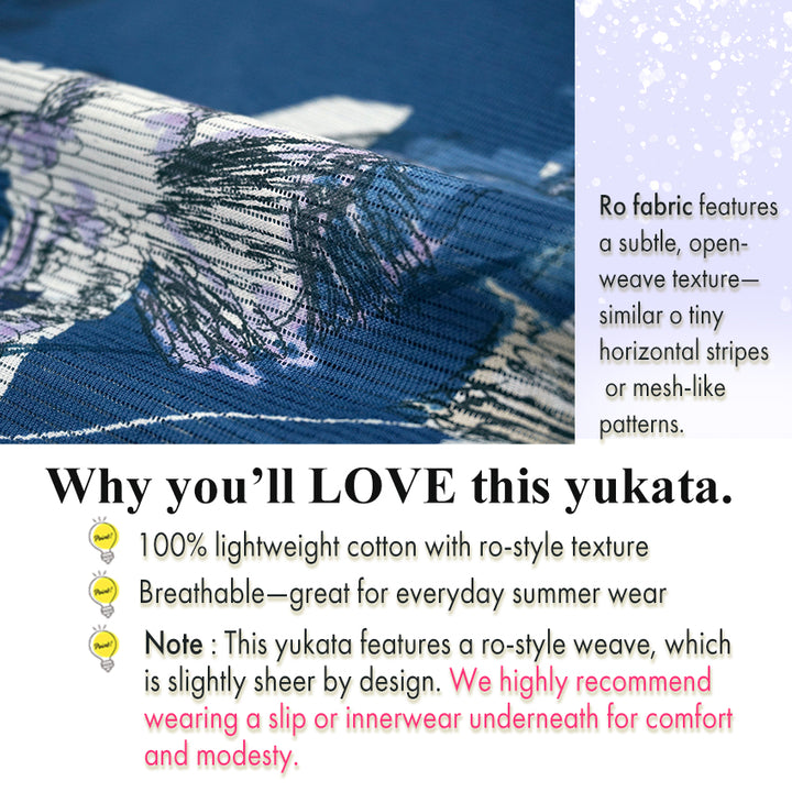 Lightweight Cotton Yukata for Women, Indigo base, Flowers Birds and leaves pattern– Inspired by Kaneko Misuzu’s Poetry, Summer Japanese Kimono Robe