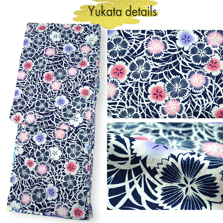 Women's Lightweight Cotton Yukata ＆Obi -2piece Coordinate set, Casual Summer Kimono  -Navy Base with Nadeshiko Flowers