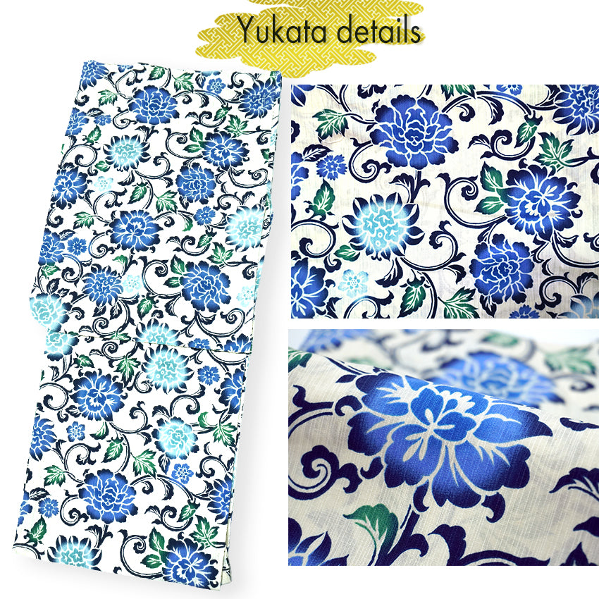 Women's Lightweight Cotton Yukata ＆Obi -2piece Coordinate set, Casual Summer Kimono  -Off-White Base with Blue, Green, and Navy Floral Arabesque