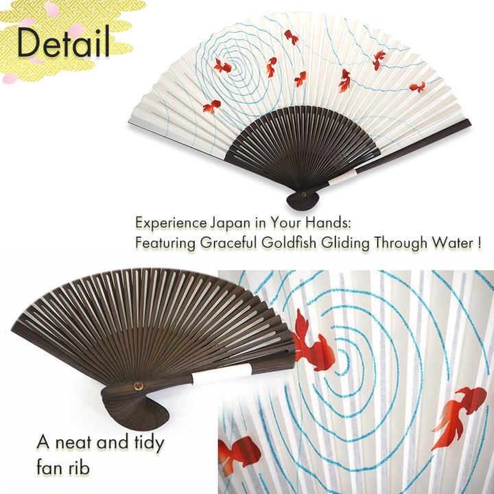 Folding Hand Fan for Lady's ,Surface Paper, Bamboo Frame, White base with Goldfish, wave pattern
