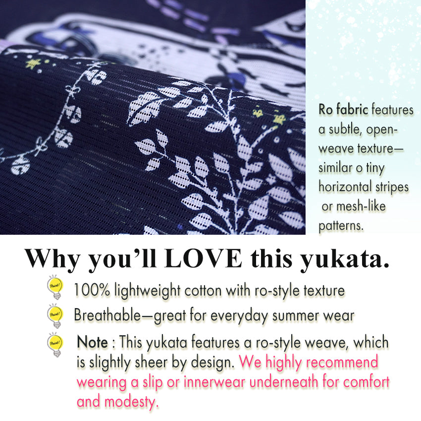 Lightweight Cotton Yukata for Women, Deep Indigo base, Whales, waves, stars, fish and birds pattern – Inspired by Kaneko Misuzu’s Poetry, Summer Japanese Kimono Robe