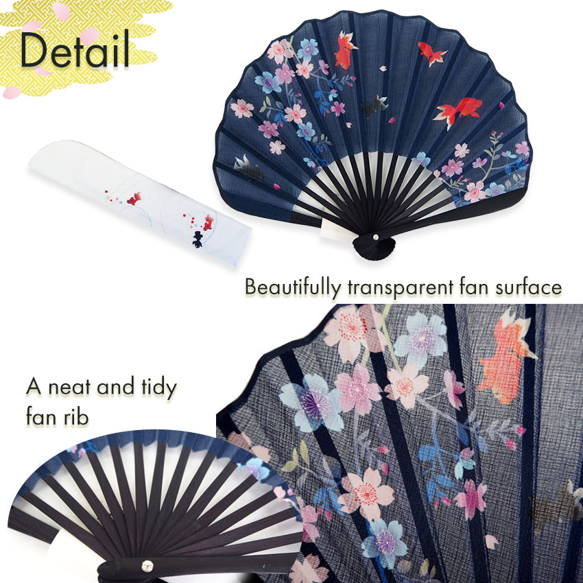 Folding Hand Fan for Lady's ,Surface Cotton, Bamboo Frame, Navy base Goldfish with Flowers Set