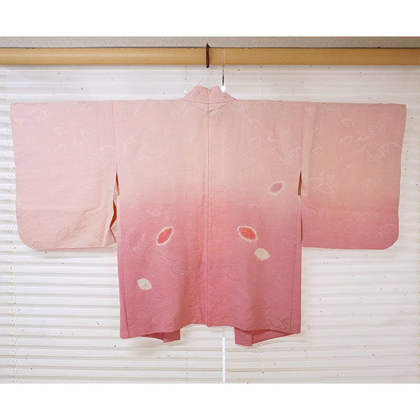 Vintage Haori Kimono Jacket Silk, Pink Gradient base, Flowing Water and Leaves
