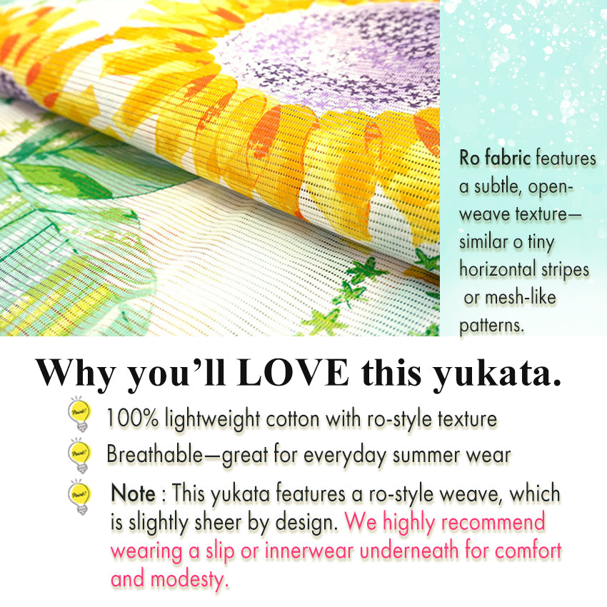 Lightweight Cotton Yukata for Women, Yellow Sunflower pattern– Inspired by Kaneko Misuzu’s Poetry, Summer Japanese Kimono Robe