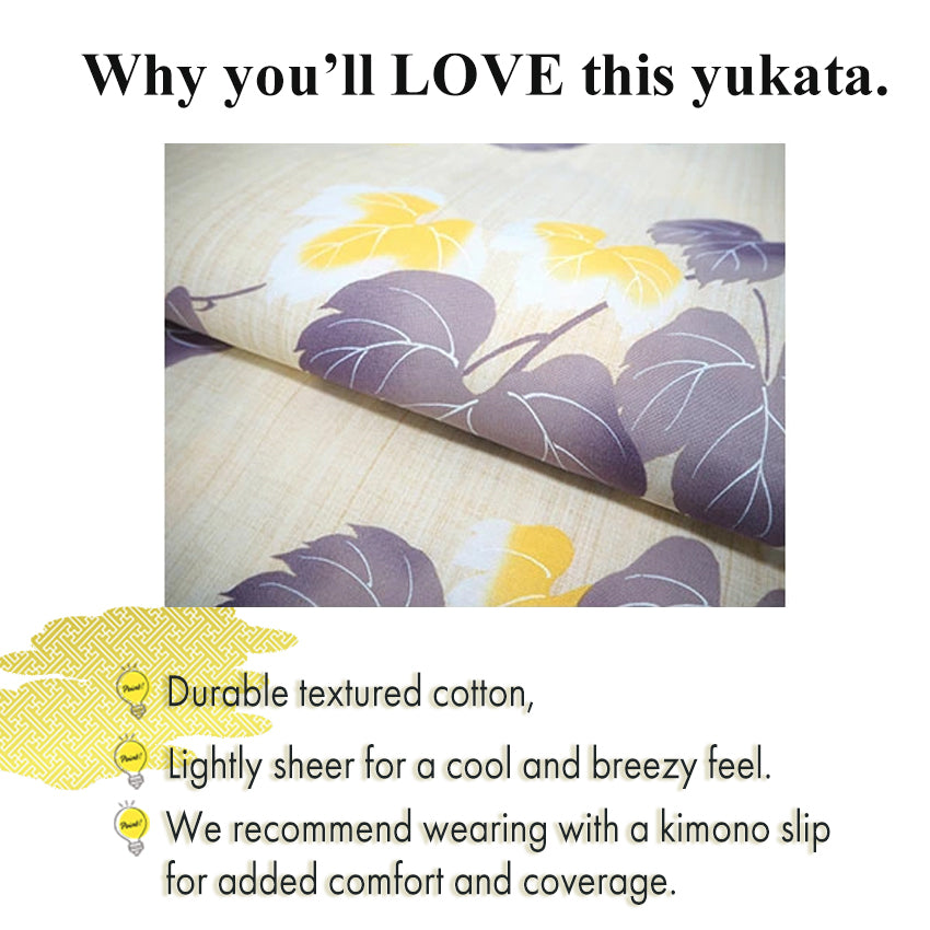 Women's Cotton Yukata, Casual Summer Kimono -Beige Base with Blown and yellow Grapes and Vines