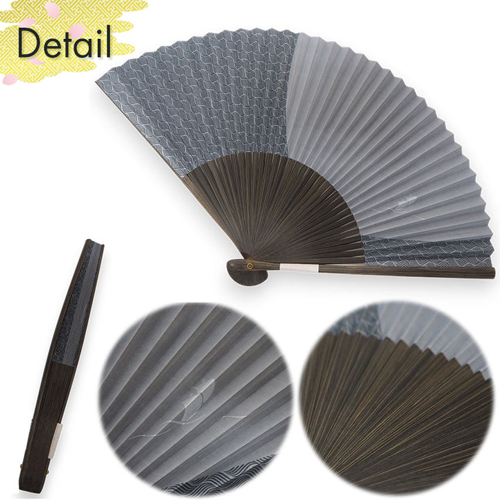 Folding Hand Fan for Men ,Surface Paper, Bamboo Frame, Gray base, A graceful sailboat rocking gently over stylized waves pattern