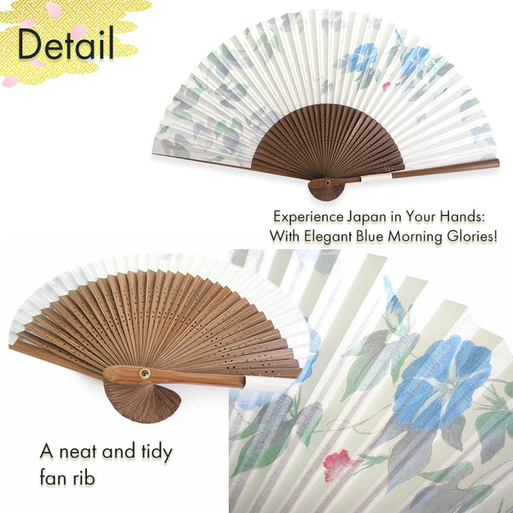Folding Hand Fan for Lady's ,Surface Paper, Bamboo Frame, White base with Flower, Elegant Blue Morning Glories