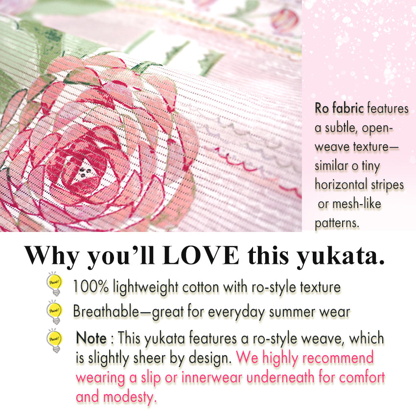 Lightweight Cotton Yukata for Women, grayish pink base, roses Flowers pattern– Inspired by Kaneko Misuzu’s Poetry, Summer Japanese Kimono Robe
