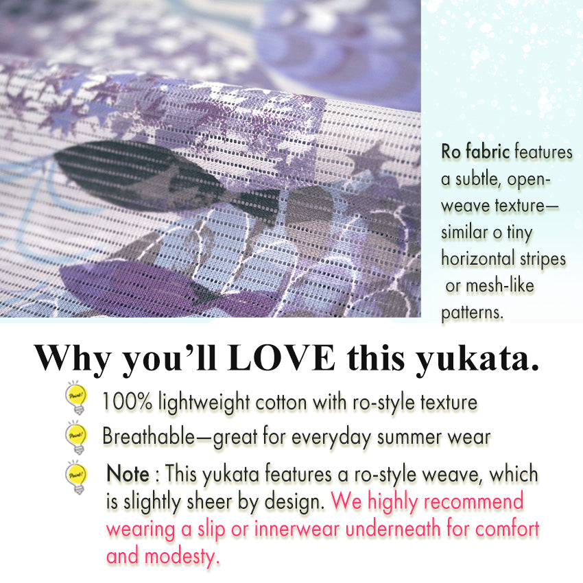 Lightweight Cotton Yukata for Women, Gray and purple tones base, Waves, shells and fish pattern – Inspired by Kaneko Misuzu’s Poetry, Summer Japanese Kimono Robe