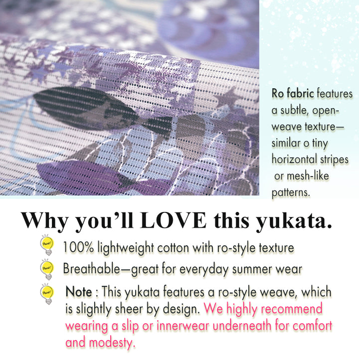 Lightweight Cotton Yukata for Women, Gray and purple tones base, Waves, shells and fish pattern – Inspired by Kaneko Misuzu’s Poetry, Summer Japanese Kimono Robe