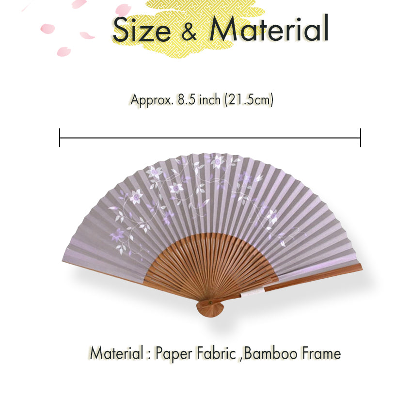Folding Hand Fan for Lady's, Paper Fabric , Bamboo Frame, siiver base, clematis flower design