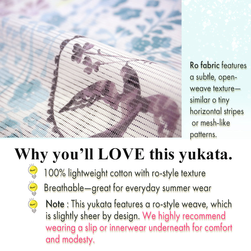 Lightweight Cotton Yukata for Women, soft Whites, Lavender base, Bird, Bell pattern – Inspired by Kaneko Misuzu’s Poetry, Summer Japanese Kimono Robe