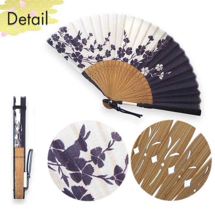 Folding Hand Fan for Lady's ,Surface Cotton, Bamboo Frame, Navy (white & deep navy with pinks and hidden rabbits, slightly sheer)