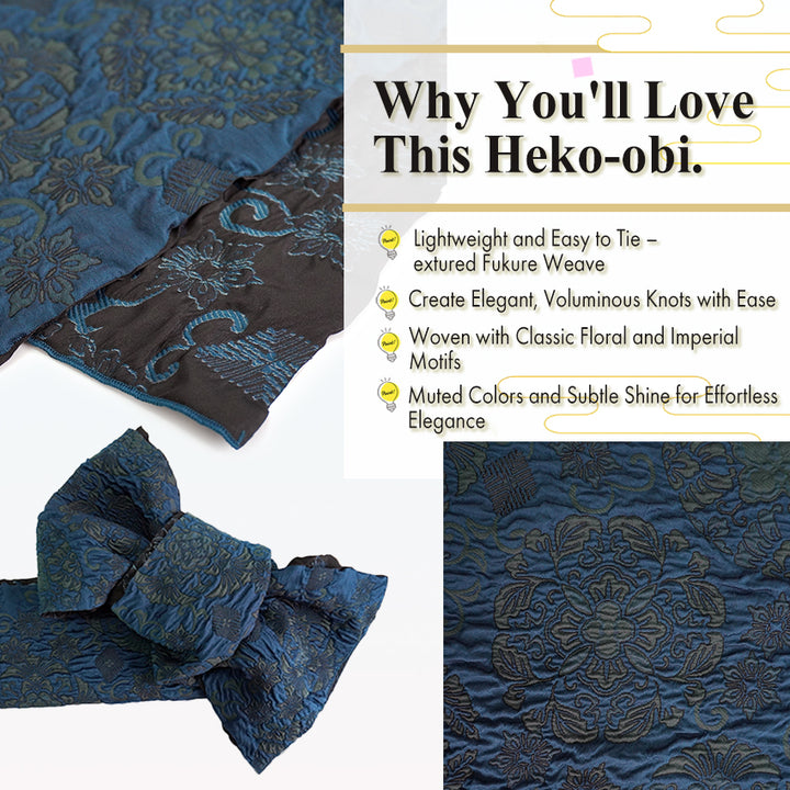 Soft Heko Obi - Lightweight Japanese Kimono Belt for Yukata or Casual Wear Navy Traditional Motif