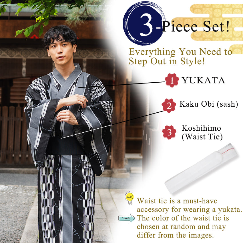 Men's Yukata Cotton Coordinate Set For Beginners : Black Yagasuri Yukata
