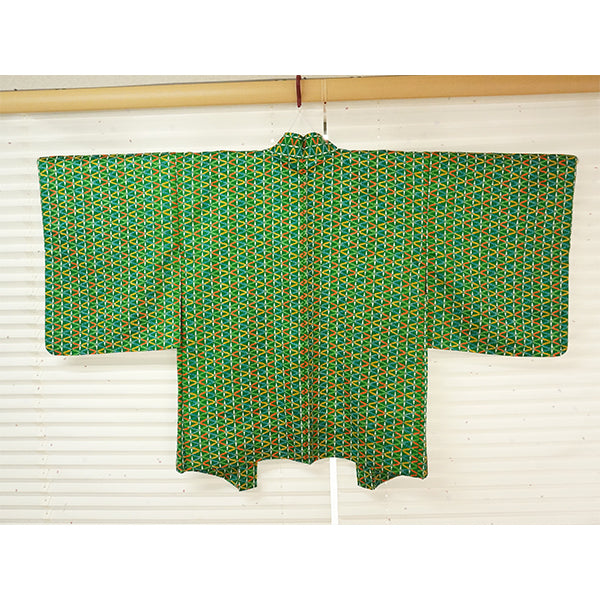 Vintage Haori Kimono Jacket Silk, Green base, Colorful Geometric Patterns
