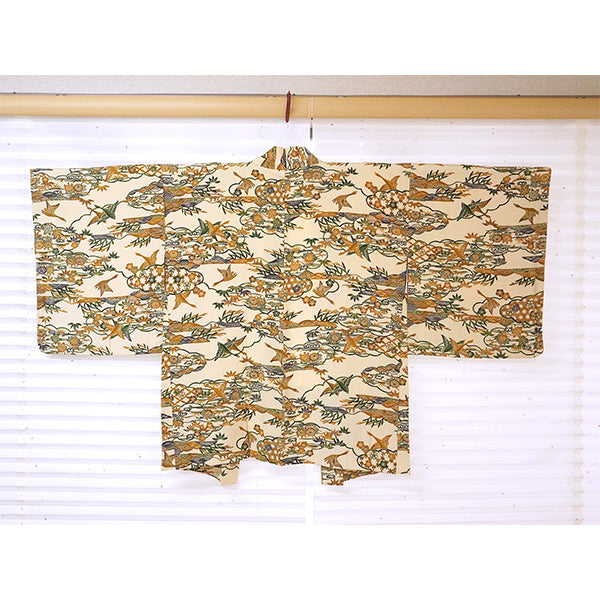 Vintage Haori Kimono Jacket Silk, Beige base, Plum Blossoms and Scenic Landscape