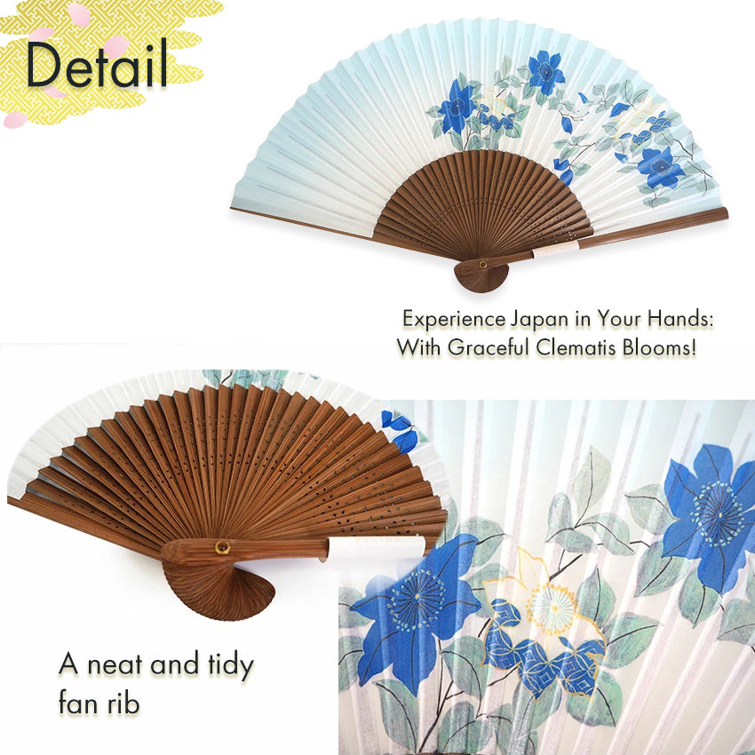 Folding Hand Fan for Lady's ,Surface Paper, Bamboo Frame, Pale Blue Gradation base with Flower, Clematis